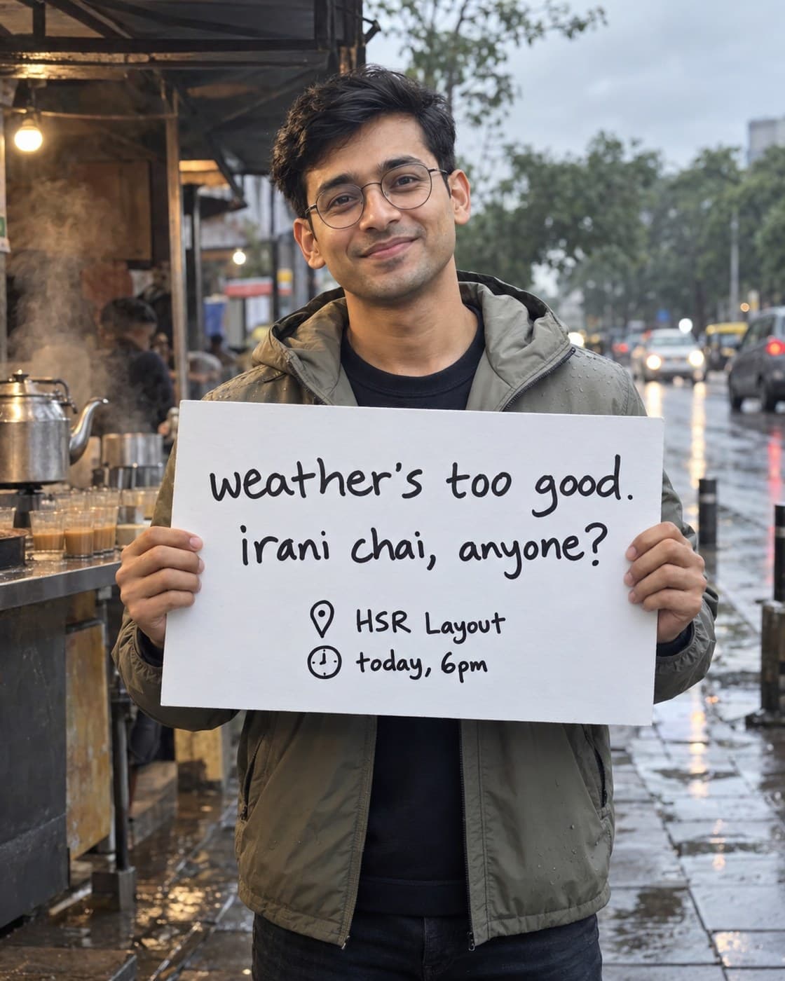 A man in round glasses at a roadside chai stall on a rainy evening, holding a sign: weather's too good. irani chai, anyone? HSR Layout, today 6pm.
