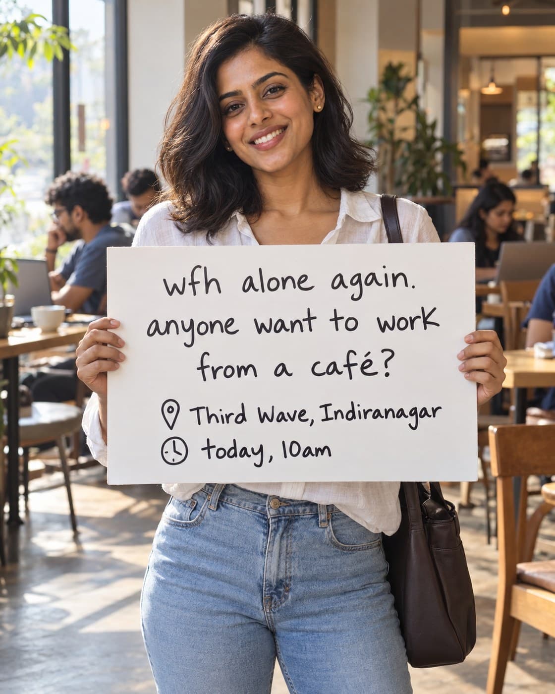 A woman in a café holding a sign: wfh alone again. anyone want to work from a café? Third Wave, Indiranagar, today 10am.