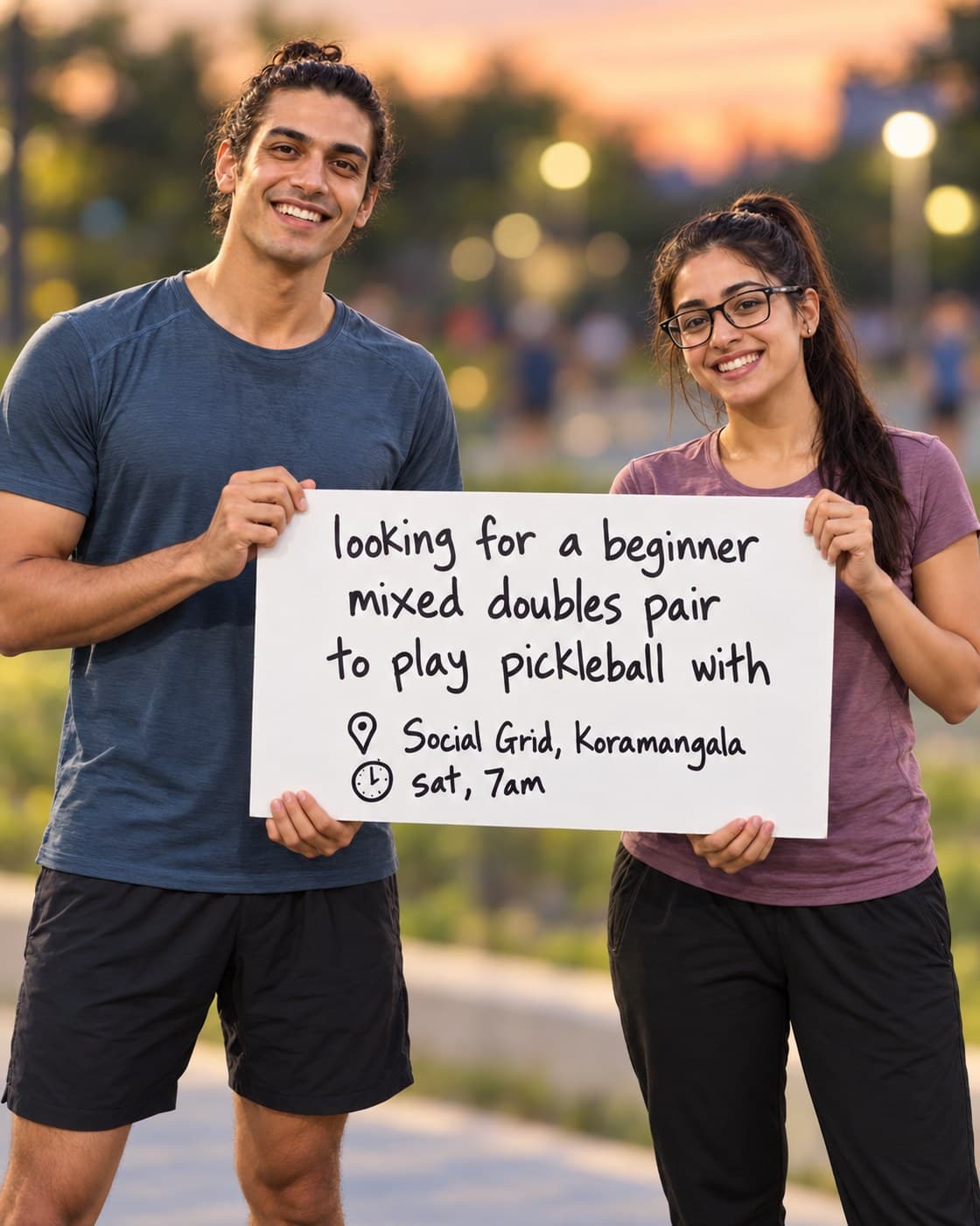 Two friends at a pickleball court holding a sign: looking for a beginner mixed doubles pair to play pickleball with. Social Grid, Koramangala, sat 7am.